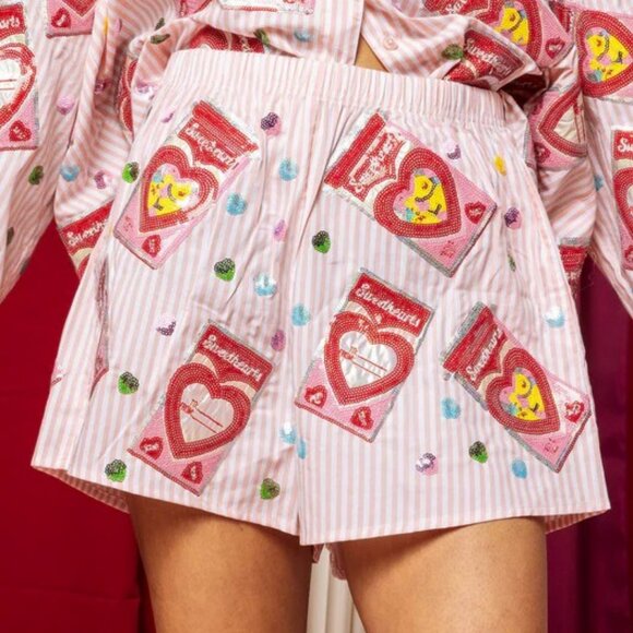 QUEEN OF SPARKLES Pants - Queen Of Sparkles Peach & White Sweetheart Box Cotton Shorts